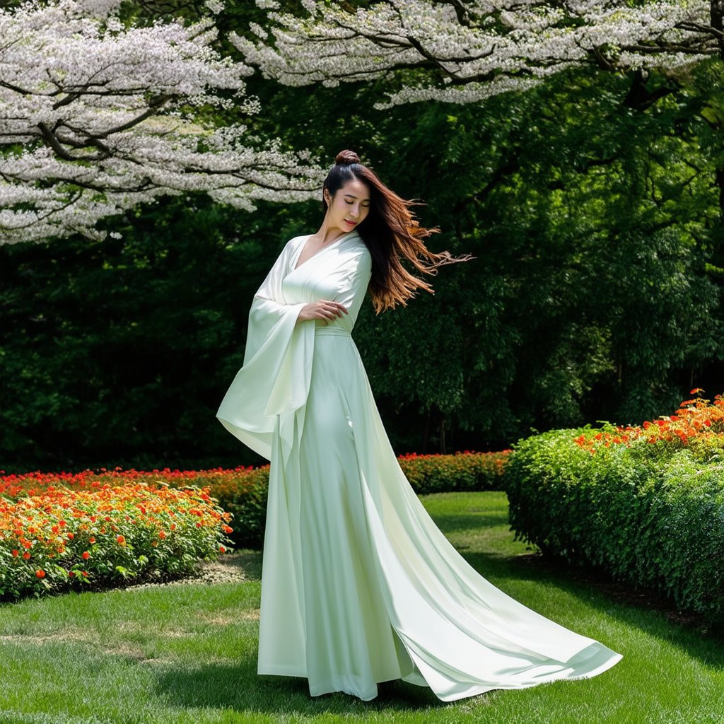 A serene portrait of a Chinese beauty in flowing ancient attire, with the wind gracefully blowing her hair and clothes. She stands amidst a lush garden with blooming flowers and towering trees, her chest subtly revealed by the wind's caress. The lighting is soft and natural, enhancing the tranquil atmosphere of the scene.