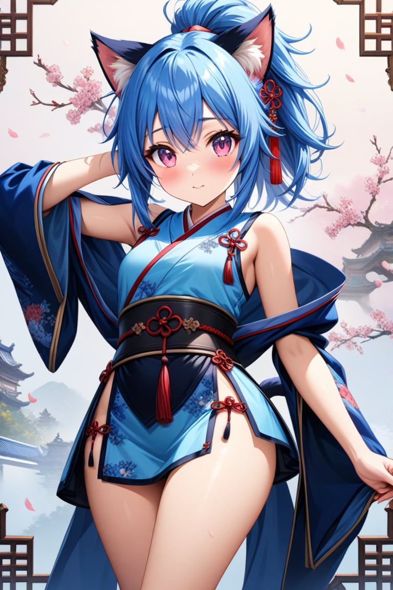 master piece, best quality, highly detailed, ultra detailed, more detail XL, extremely detailed CG unity 8k wallpaper, 
1 woman, 20 years old, cute, cat ears, pink eyes, blue hair, medium hair, ponytail, blue Chinese traditional clothes, microskirt, 