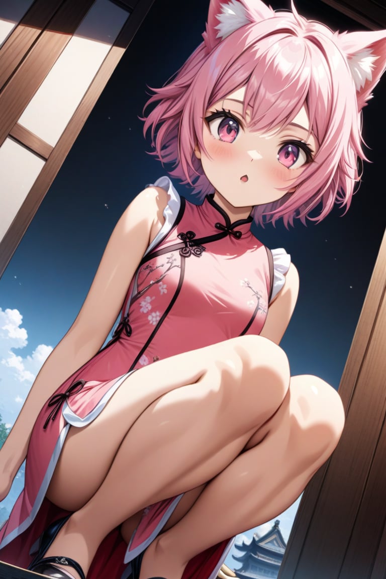 master piece, best quality, highly detailed, ultra detailed, more detail XL, extremely detailed CG unity 8k wallpaper, 
1 girl,14 years old, jewelry pink, cat ears, pink eyes, pink hair, short hair,
pink Chinese dresses, side slit dress, 
squatting,from below,