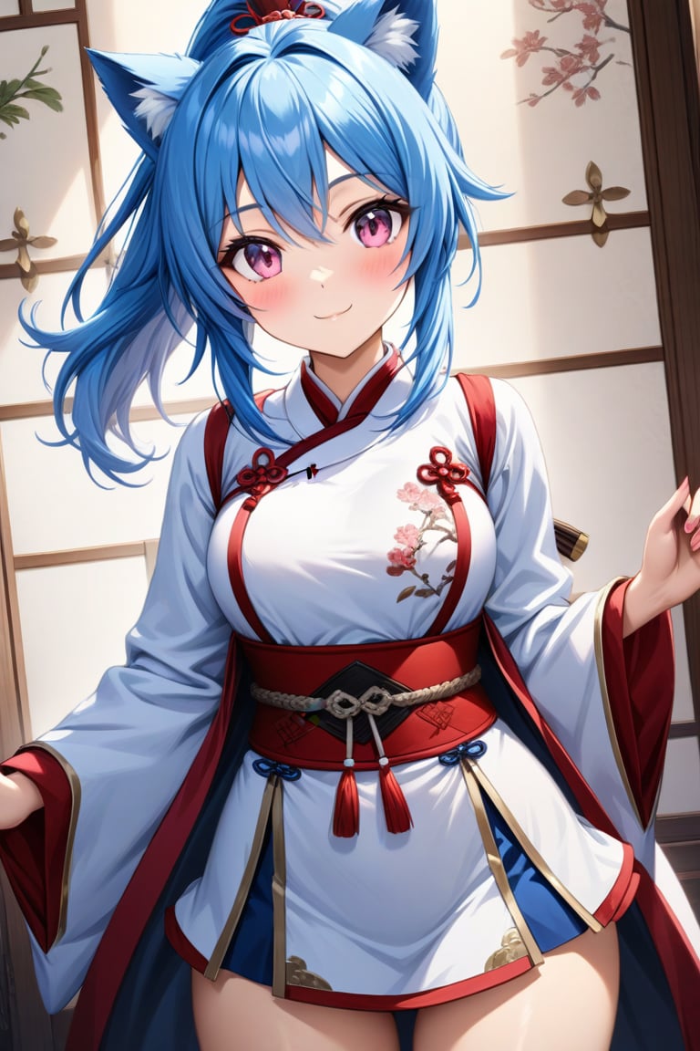 master piece, best quality, highly detailed, ultra detailed, more detail XL, extremely detailed CG unity 8k wallpaper, 
1 woman, 20 years old, cute, cat ears, pink eyes, blue hair, medium hair, ponytail, white Chinese traditional clothes, microskirt, smile,