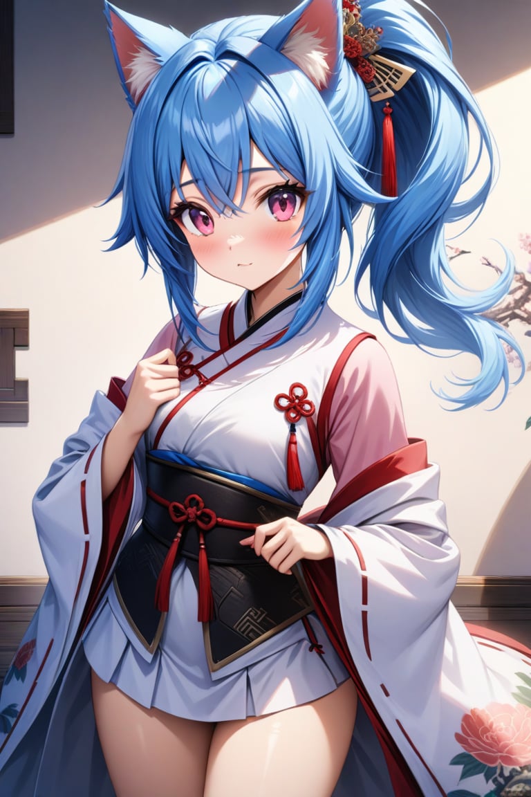 master piece, best quality, highly detailed, ultra detailed, more detail XL, extremely detailed CG unity 8k wallpaper, 
1 woman, 20 years old, cute, cat ears, pink eyes, blue hair, medium hair, ponytail, white Chinese traditional clothes, microskirt, 