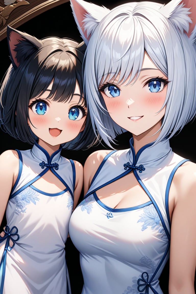 master piece, best quality, highly detailed, ultra detailed, more detail XL, extremely detailed CG unity 8k wallpaper,  cat ears, white hair, bob cut, blue eyes, 
white Chinese dresses, very happy smile, 
mother and daughter, 