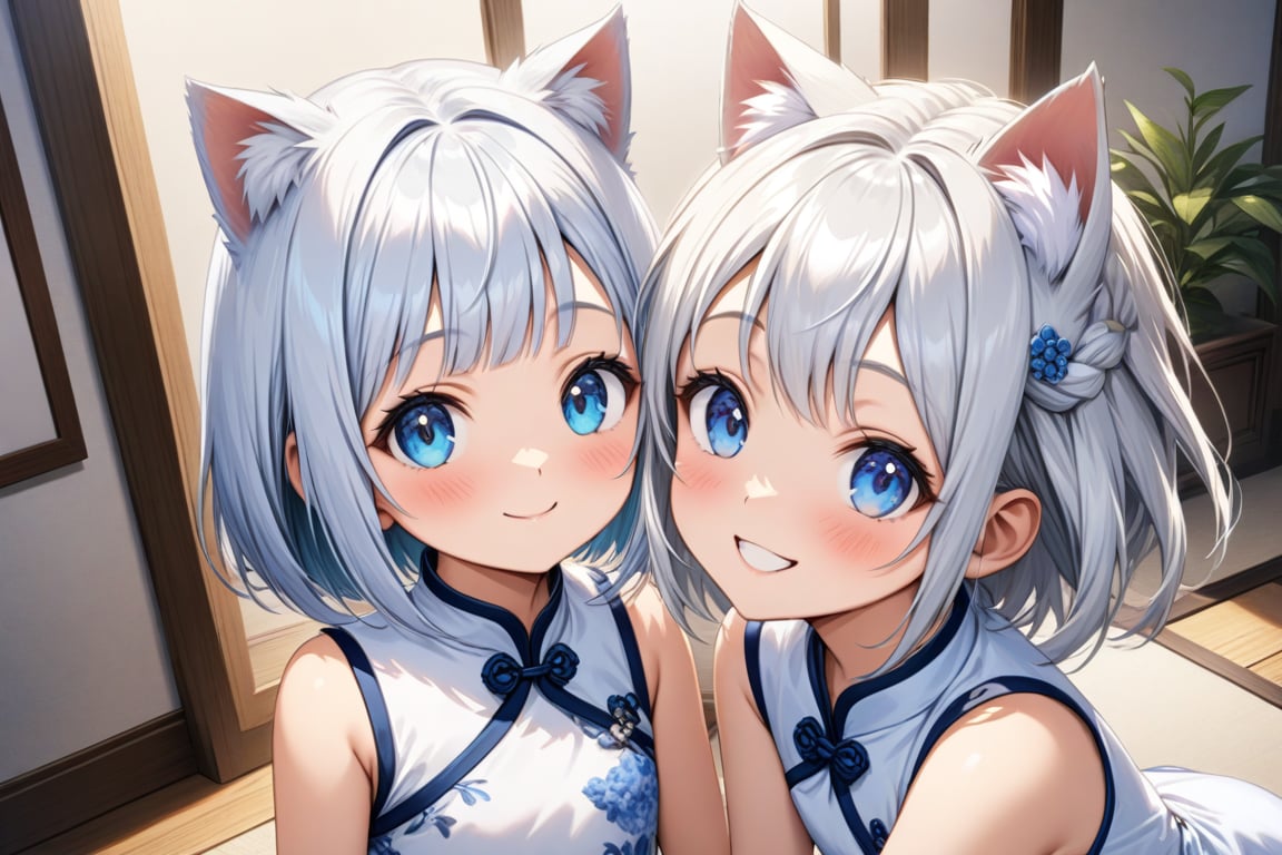 master piece, best quality, highly detailed, ultra detailed, more detail XL, extremely detailed CG unity 8k wallpaper,  cat ears, white hair, bob cut, blue eyes, 
white Chinese dresses, very happy smile, 
daughter_and_mother, daughter is 9 years old, mother is 30 years old, looking at viewer, 