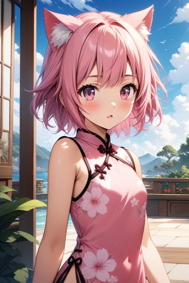 master piece, best quality, highly detailed, ultra detailed, extremely CG unity 8k wallpaper,
1 girl,14 years old, jewelry pink, cat ears, pink eyes, pink hair, short hair,
pink Chinese dresses, side slit dress,
summer, morning, 