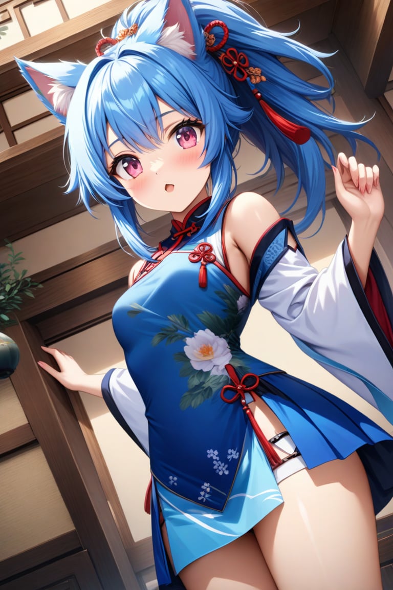 master piece, best quality, highly detailed, ultra detailed, more detail XL, extremely detailed CG unity 8k wallpaper, 
1 woman, 20 years old, cute, cat ears, pink eyes, blue hair, medium hair, ponytail, blue Chinese traditional clothes, microskirt, from below,