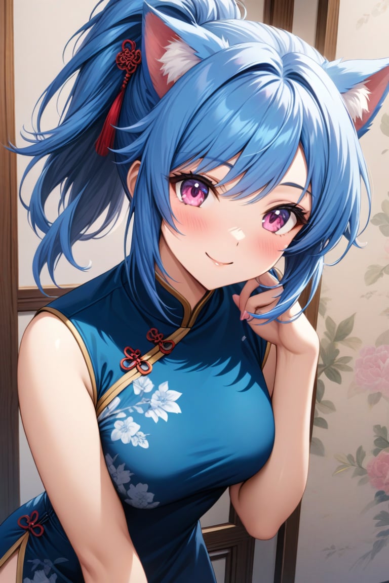 master piece, best quality, highly detailed, ultra detailed, more detail XL, extremely detailed CG unity 8k wallpaper, 
1 woman, 20 years old, cute, cat ears, pink eyes, blue hair, medium hair, ponytail, blue Chinese dresses, side slit dress, smile