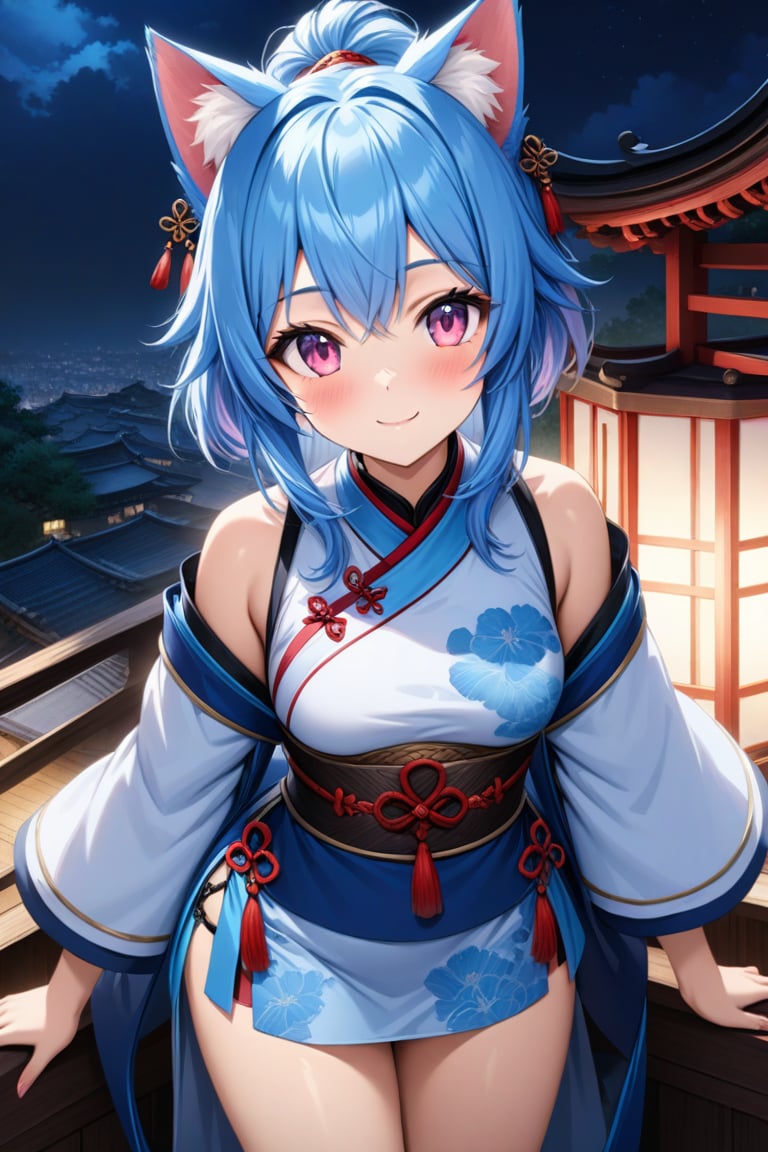 master piece, best quality, highly detailed, ultra detailed, more detail XL, extremely detailed CG unity 8k wallpaper, 
1 woman, 20 years old, cute, cat ears, pink eyes, blue hair, medium hair, ponytail, blue Chinese traditional clothes, microskirt, night time, smile, 