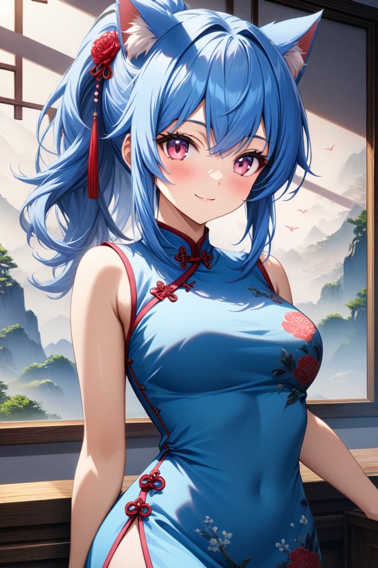 master piece, best quality, highly detailed, ultra detailed, more detail XL, extremely detailed CG unity 8k wallpaper, 
1 woman, 20 years old, cute, cat ears, pink eyes, blue hair, medium hair, ponytail, blue Chinese dresses, side slit dress, smile