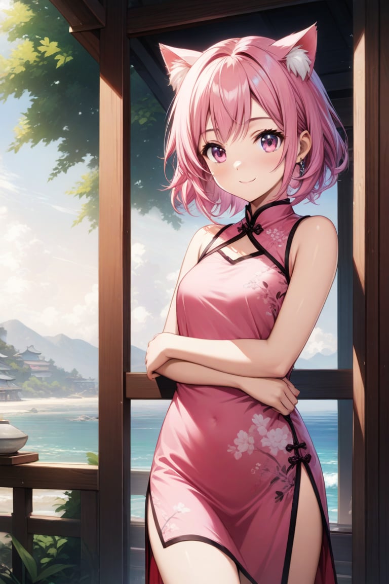 master piece, best quality, highly detailed, ultra detailed, extremely CG unity 8k wallpaper,
1 girl,14 years old, jewelry pink, cat ears, pink eyes, pink hair, short hair,
pink Chinese dresses, side slit dress,,smile,
summer, morning, 