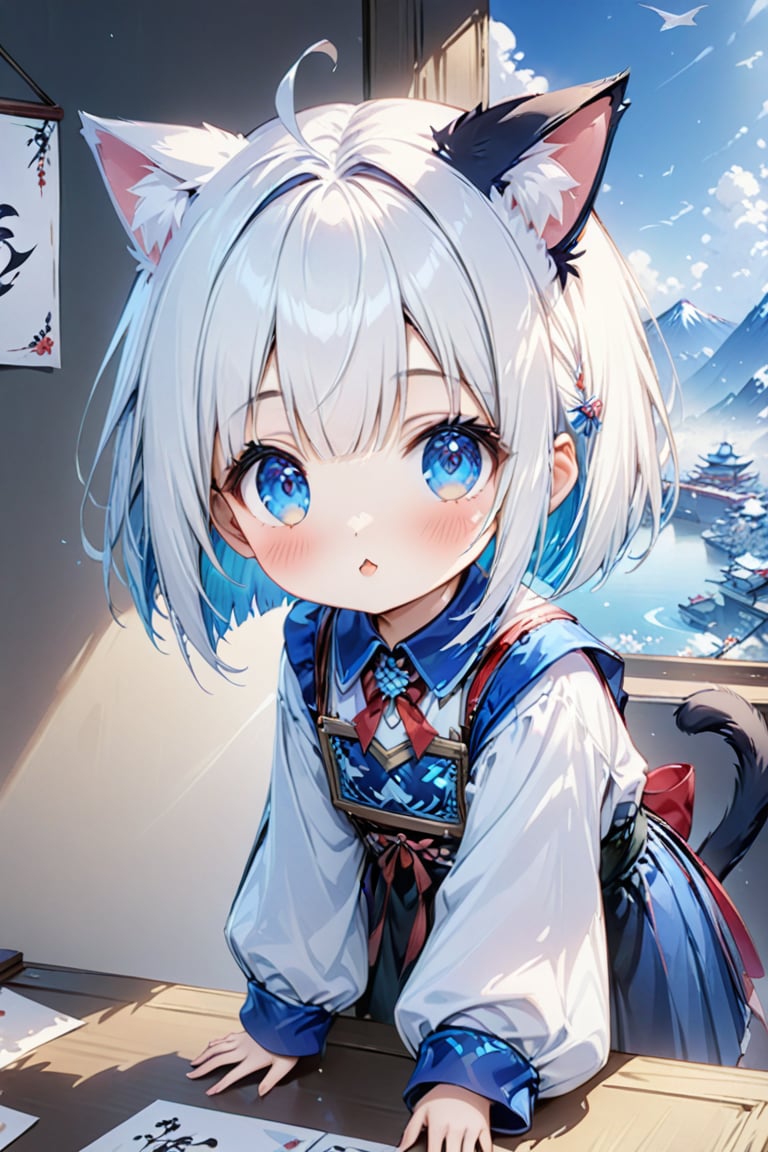 master piece, best quality, highly detailed, ultra detailed, more detail XL, extremely detailed CG unity 8k wallpaper, 1 girl, cute, kawaii, 9 years old, cat ears, white hair, bob cut, blue eyes, looking at viewer,nanjiang,nvjiang,huangfu paper