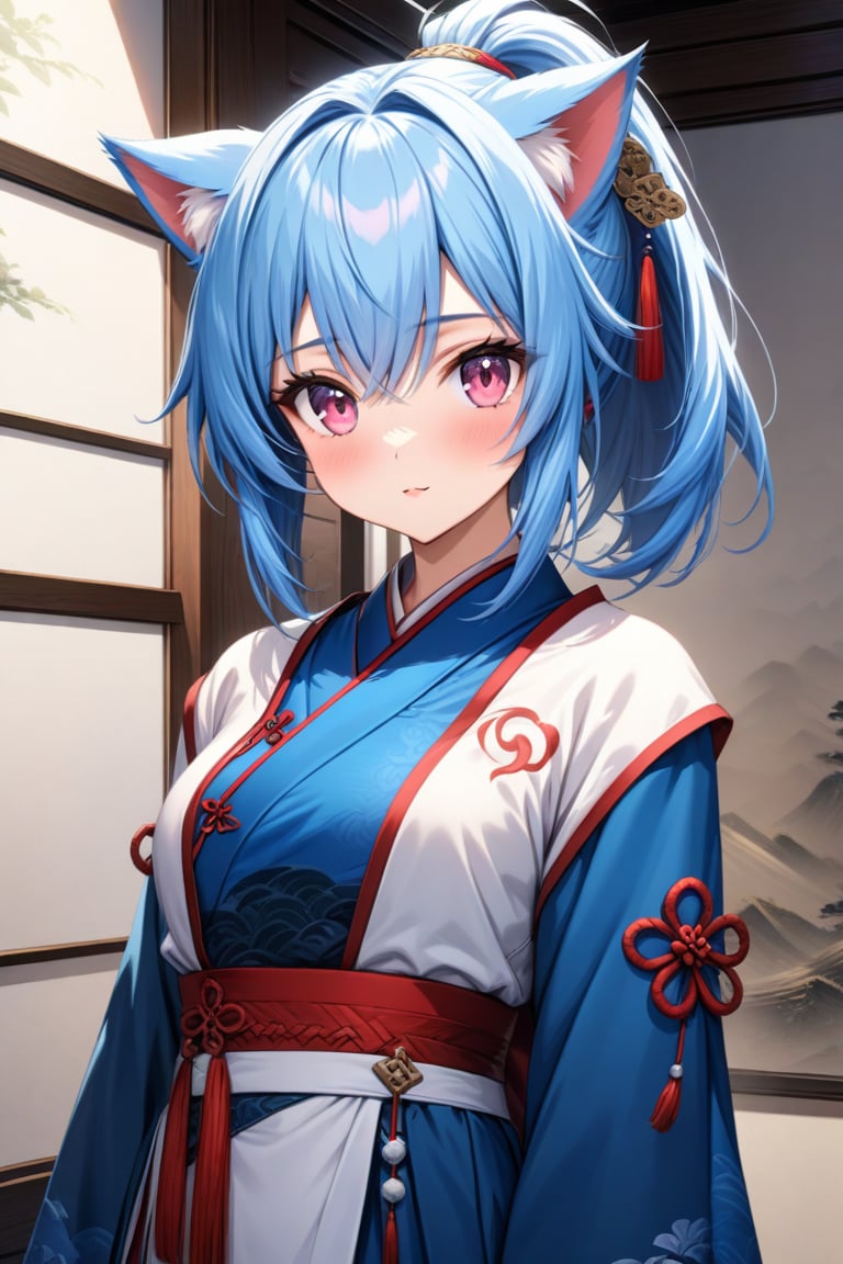 master piece, best quality, highly detailed, ultra detailed, more detail XL, extremely detailed CG unity 8k wallpaper, 
1 woman, 20 years old, cute, cat ears, pink eyes, blue hair, medium hair, ponytail, blue Chinese traditional clothes, cloth is very short length,  