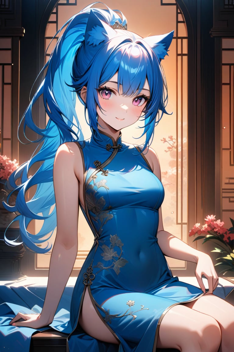 Vibrant 8K masterpiece: A stunning 20-year-old woman sits majestically against a serene background. Her adorable cat ears and piercing pink eyes captivate the viewer's attention. Her vibrant blue hair is styled in a sleek ponytail, complemented by her flowing blue Chinese dress featuring a side slit. The dress's intricate details and subtle sheen are accentuated by soft, warm lighting. The subject's bright smile radiates warmth as she sits elegantly, inviting the viewer to step into this ultra-detailed world.