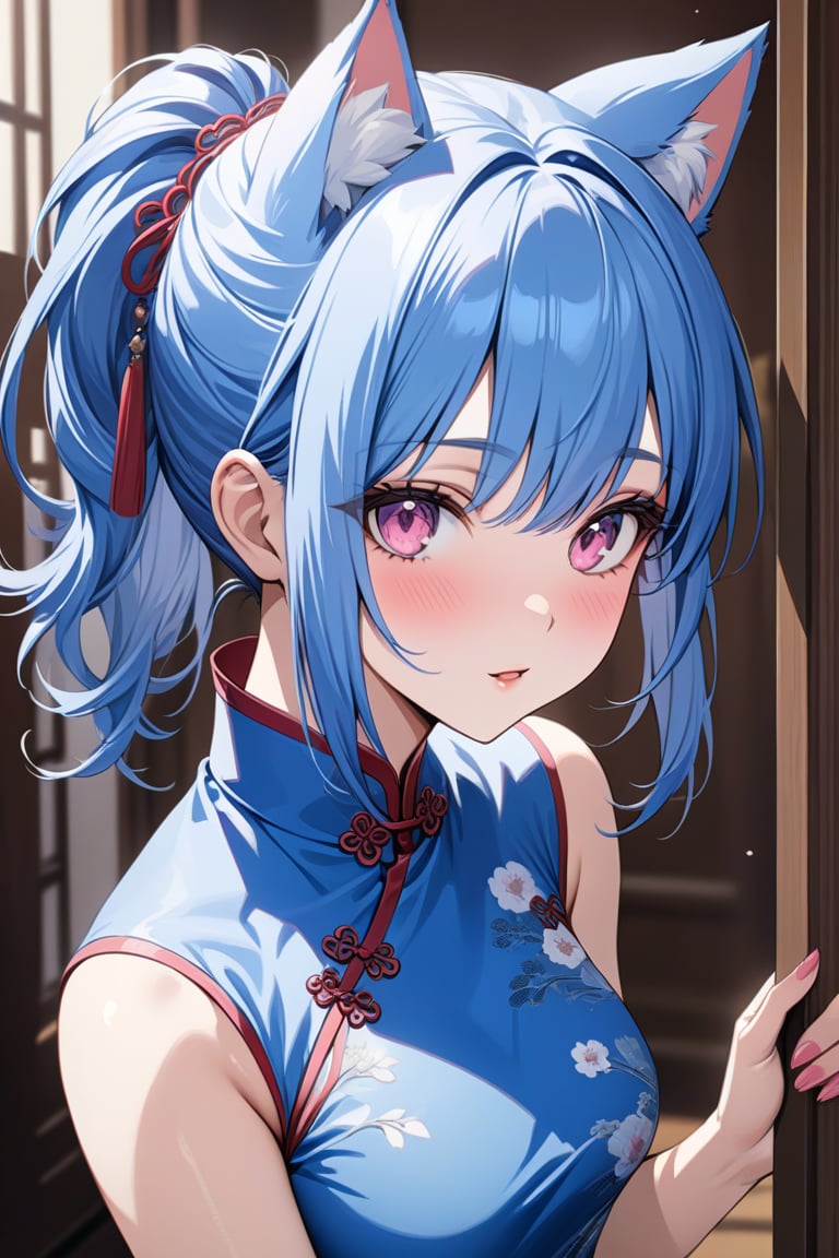 master piece, best quality, highly detailed, ultra detailed, more detail XL, extremely detailed CG unity 8k wallpaper, 
1 woman, 20 years old, cute, cat ears, pink eyes, blue hair, medium hair, ponytail, blue Chinese dresses, side slit dress,