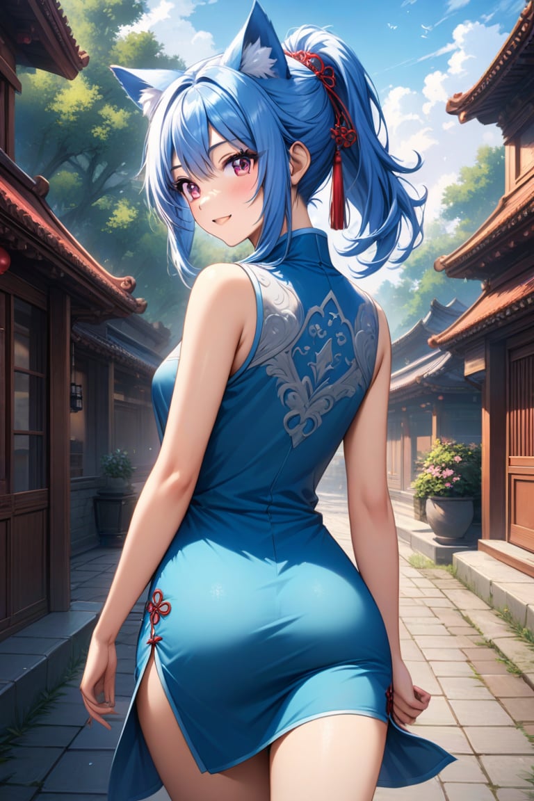 master piece, best quality, highly detailed, ultra detailed, more detail XL, extremely detailed CG unity 8k wallpaper, 
1 woman, 20 years old, cute, cat ears, pink eyes, blue hair, medium hair, ponytail, blue Chinese dresses, side slit dress, miniskirt, happy smile, morning, outdoor, walking on the street, from behind, looking at viewer, 