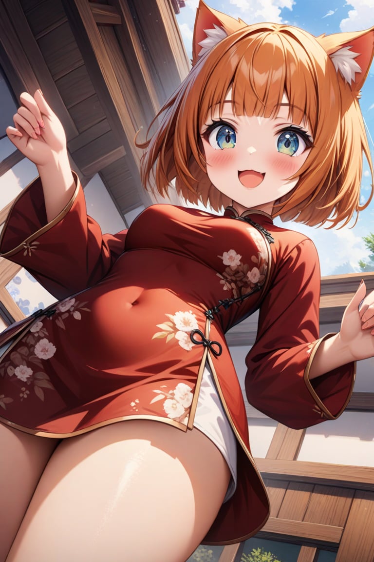 master piece, best quality, highly detailed, ultra detailed, more detail XL, extremely detailed CG unity 8k wallpaper, 1 girl, smile, cute, kawaii, cat ears, red Chinese dress, orange hair, bowl cut, micro skirt, from below,