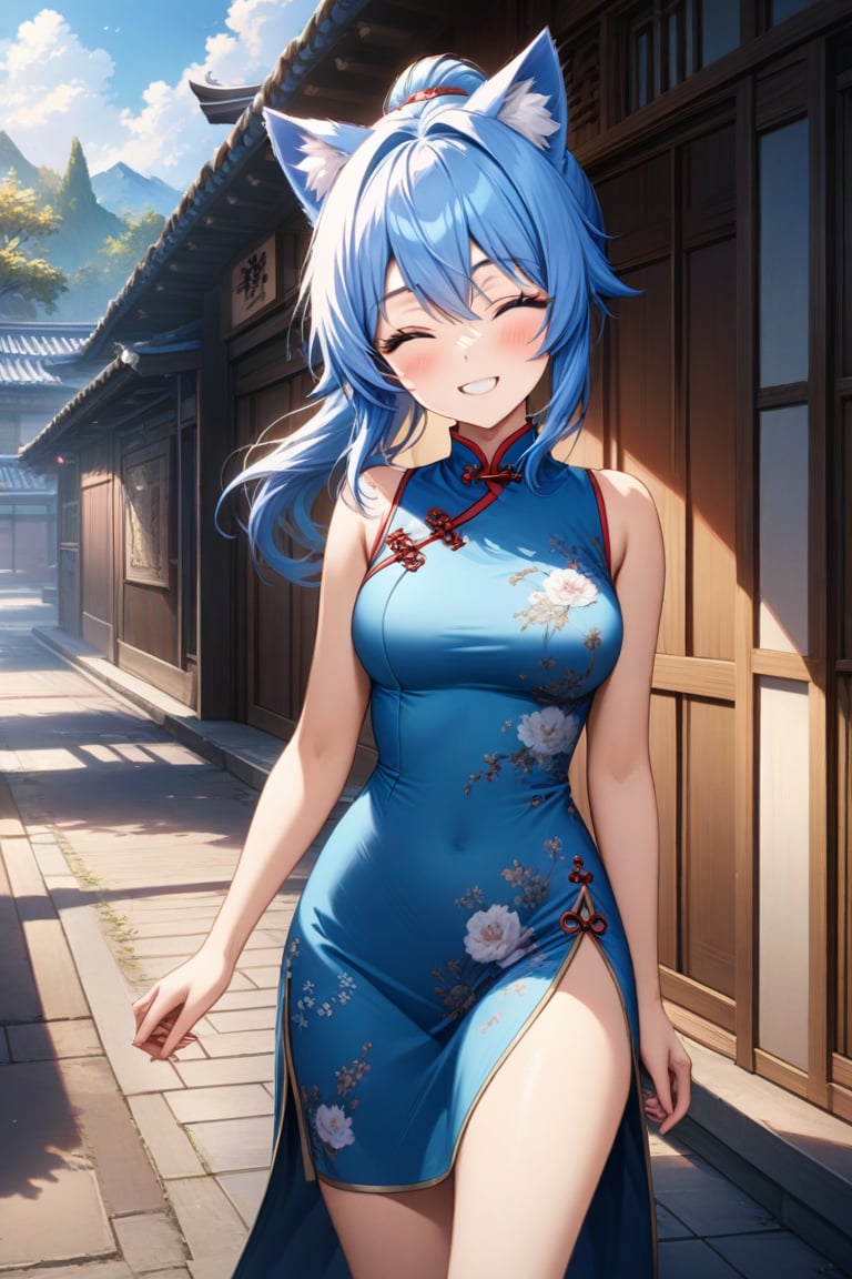 master piece, best quality, highly detailed, ultra detailed, more detail XL, extremely detailed CG unity 8k wallpaper, 
1 woman, 20 years old, cute, cat ears, pink eyes, blue hair, medium hair, ponytail, blue Chinese dresses, side slit dress, miniskirt, happy smile, closed eyes, morning, outdoor, walking on the street,