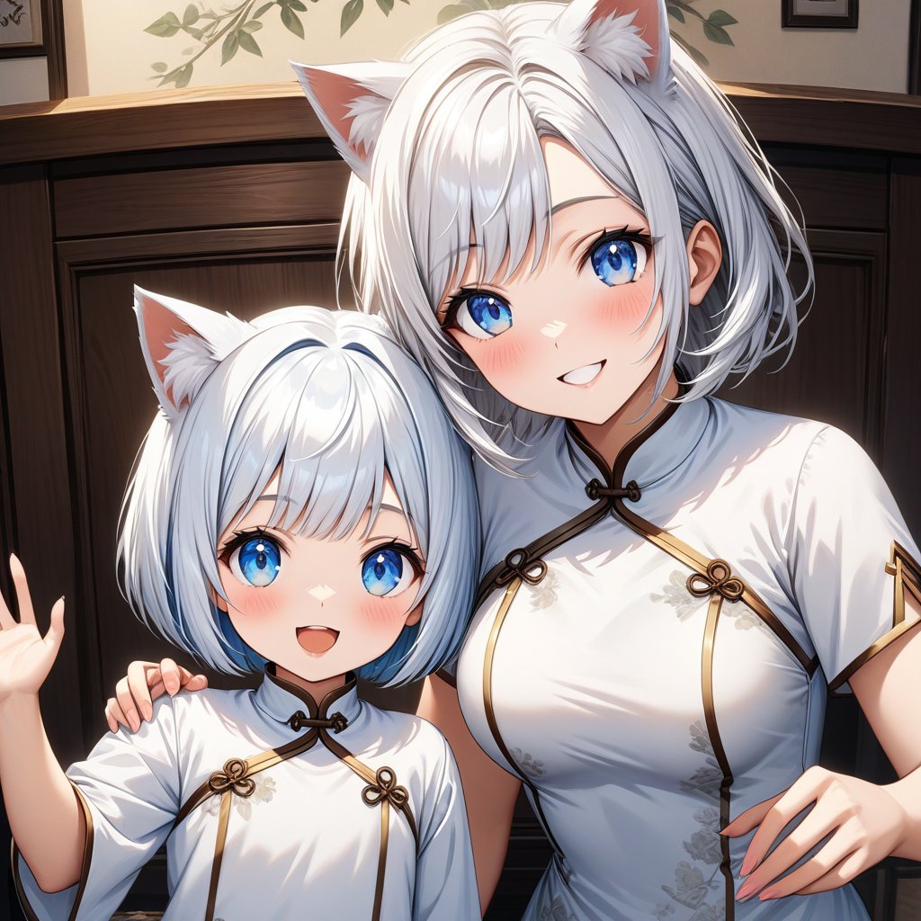 master piece, best quality, highly detailed, ultra detailed, more detail XL, extremely detailed CG unity 8k wallpaper,  cat ears, white hair, bob cut, blue eyes, 
white Chinese dresses, very happy smile, 
daughter_and_mother, daughter is 9 years old, mother is 30 years old, looking at viewer, 