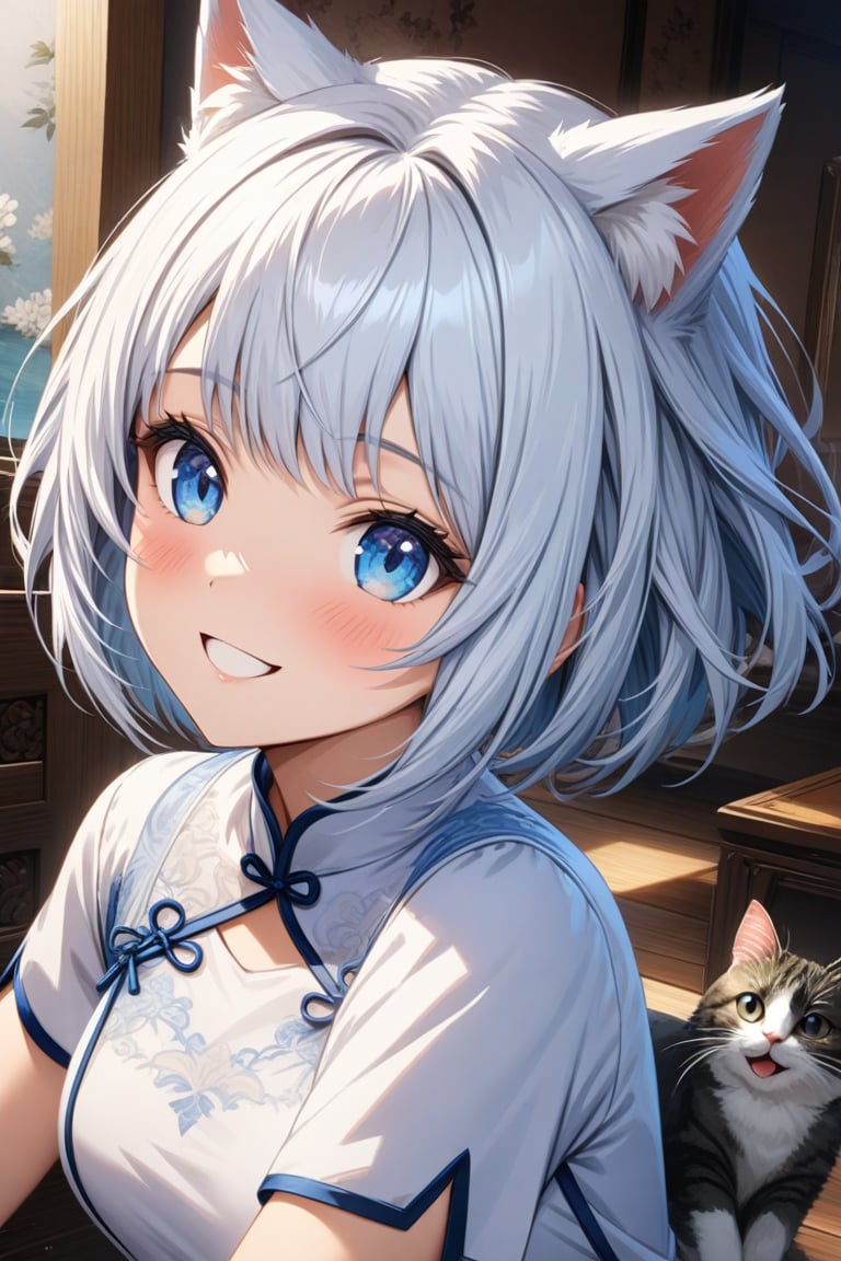 master piece, best quality, highly detailed, ultra detailed, more detail XL, extremely detailed CG unity 8k wallpaper,  cat ears, white hair, bob cut, blue eyes, 
white Chinese dresses, very happy smile, 
daughter_and_mother, 