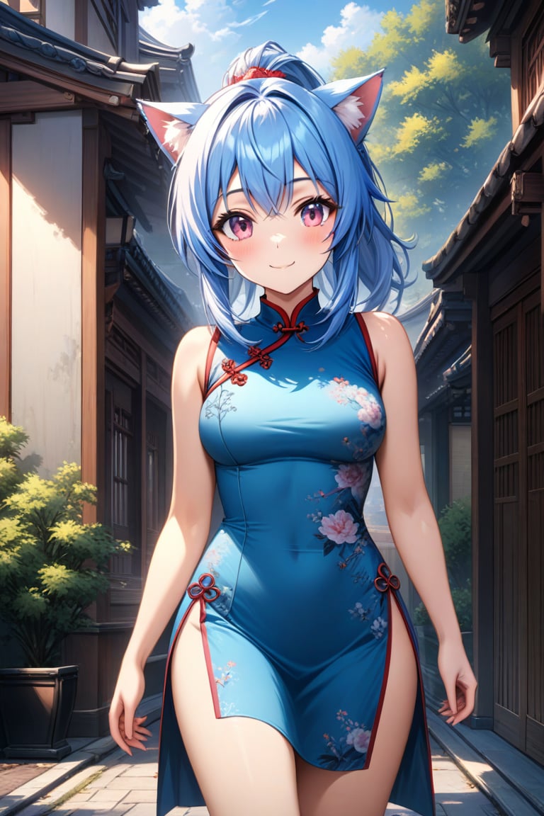 master piece, best quality, highly detailed, ultra detailed, more detail XL, extremely detailed CG unity 8k wallpaper, 
1 woman, 20 years old, cute, cat ears, pink eyes, blue hair, medium hair, ponytail, blue Chinese dresses, side slit dress, miniskirt, smile, morning, outdoor, walking on the street,