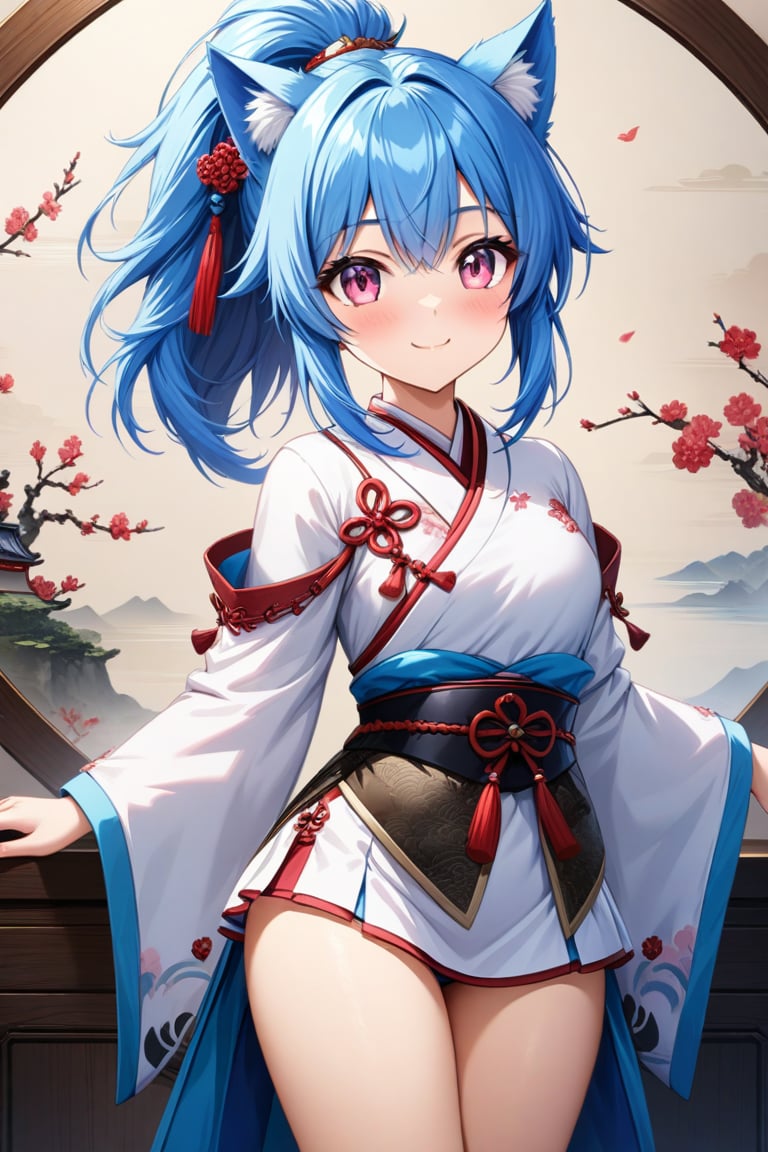 master piece, best quality, highly detailed, ultra detailed, more detail XL, extremely detailed CG unity 8k wallpaper, 
1 woman, 20 years old, cute, cat ears, pink eyes, blue hair, medium hair, ponytail, white Chinese traditional clothes, microskirt, smile,