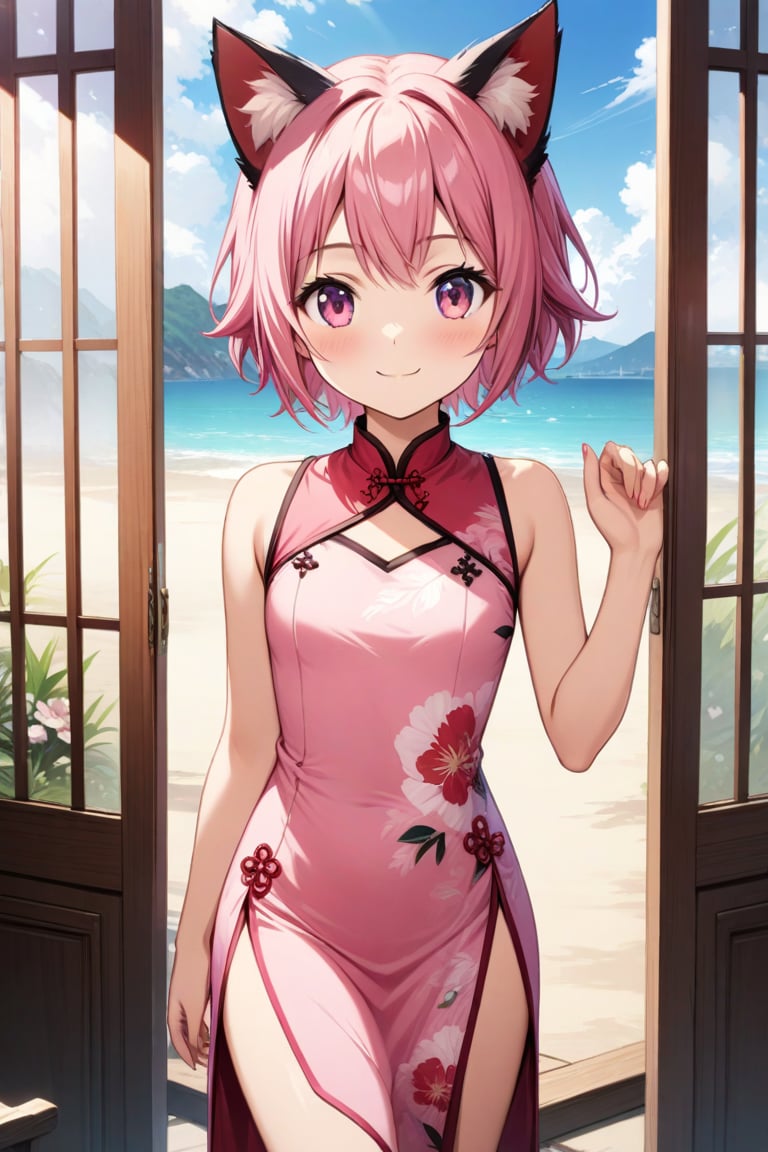 master piece, best quality, highly detailed, ultra detailed, extremely CG unity 8k wallpaper,
1 girl,14 years old, jewelry pink, cat ears, pink eyes, pink hair, short hair,
pink Chinese dresses, side slit dress,,smile,
summer, morning, 