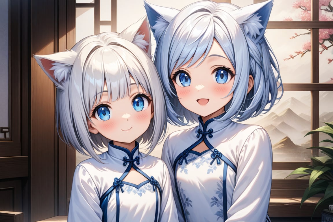 master piece, best quality, highly detailed, ultra detailed, more detail XL, extremely detailed CG unity 8k wallpaper,  cat ears, white hair, bob cut, blue eyes, 
white Chinese dresses, very happy smile, 
daughter_and_mother, daughter is 9 years old, mother is 30 years old, looking at viewer, 