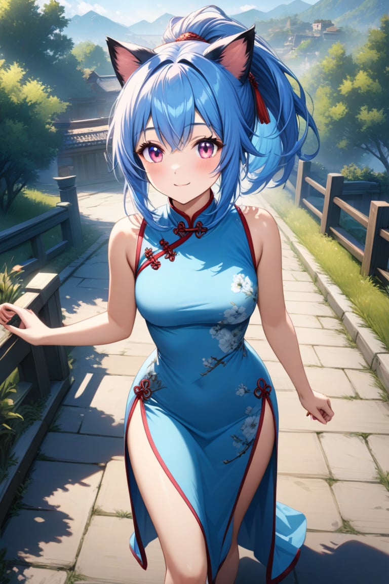 master piece, best quality, highly detailed, ultra detailed, more detail XL, extremely detailed CG unity 8k wallpaper, 
1 woman, 20 years old, cute, cat ears, pink eyes, blue hair, medium hair, ponytail, blue Chinese dresses, side slit dress, smile, morning, outdoor, walking, 