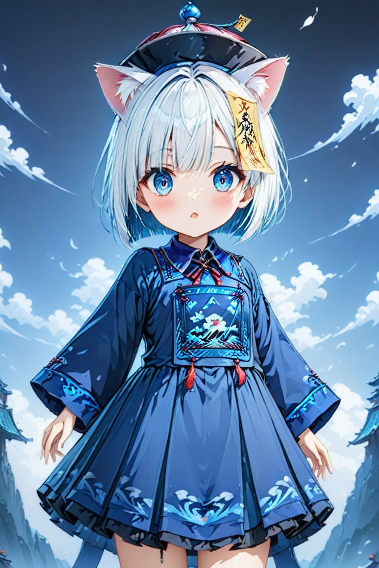 master piece, best quality, highly detailed, ultra detailed, more detail XL, extremely detailed CG unity 8k wallpaper, 1 girl, cute, kawaii, 9 years old, cat ears, white hair, bob cut, blue eyes, looking at viewer,nanjiang,nvjiang,huangfu paper,jyojifuku,ofuda,blue dress,ribbon,hat,score_9,score_8_up,score_7_up,source_anime