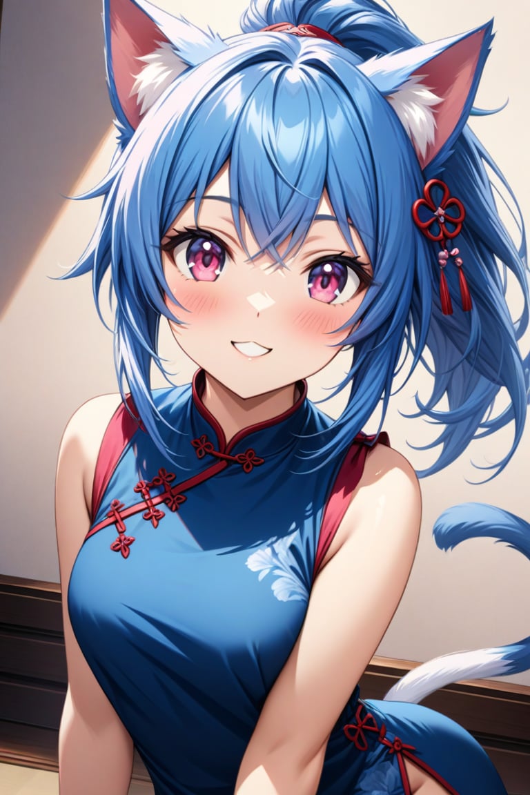 master piece, best quality, highly detailed, ultra detailed, more detail XL, extremely detailed CG unity 8k wallpaper, 
1 woman, 20 years old, cute, cat ears, pink eyes, blue hair, medium hair, ponytail, blue Chinese dresses, side slit dress, smile