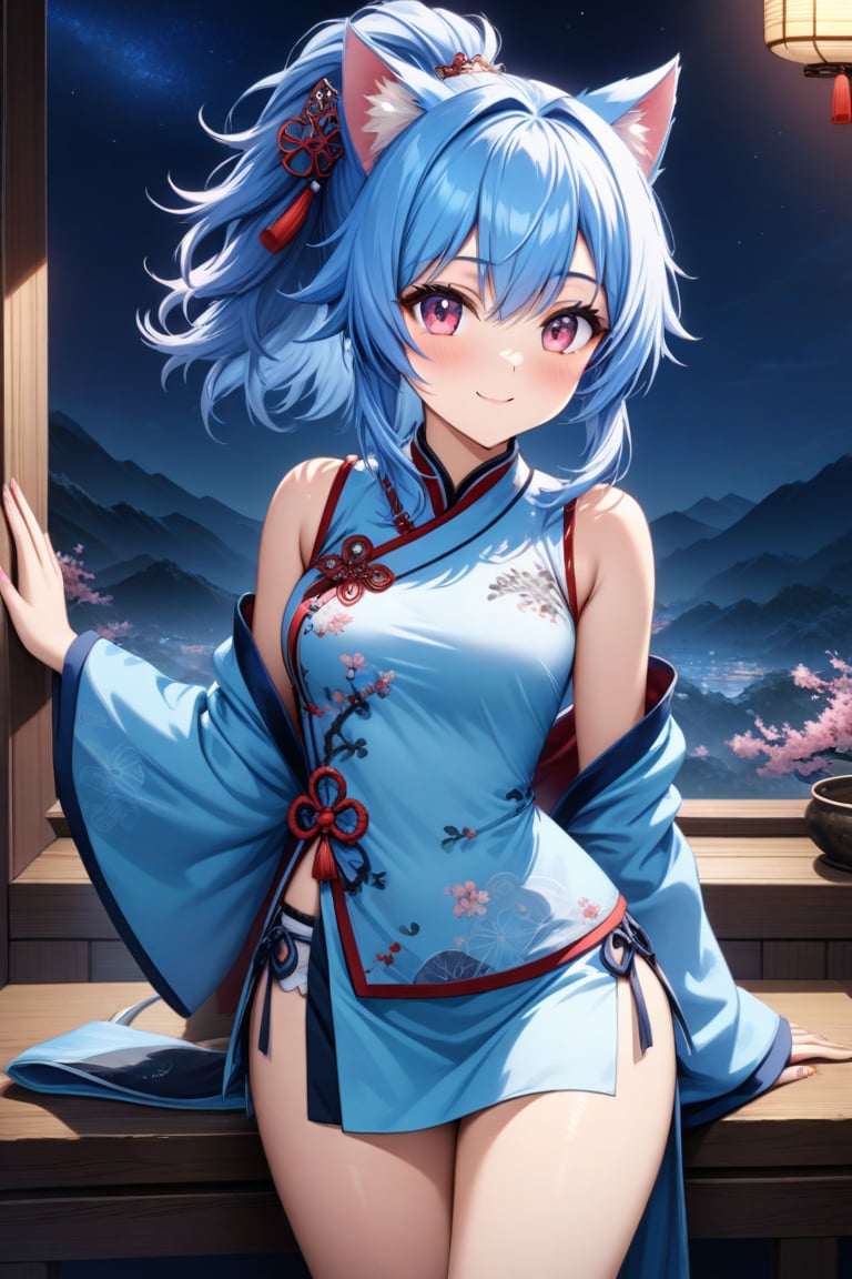 master piece, best quality, highly detailed, ultra detailed, more detail XL, extremely detailed CG unity 8k wallpaper, 
1 woman, 20 years old, cute, cat ears, pink eyes, blue hair, medium hair, ponytail, blue Chinese traditional clothes, microskirt, night time, smile, 