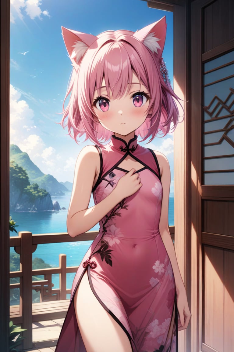 master piece, best quality, highly detailed, ultra detailed, extremely CG unity 8k wallpaper,
1 girl,14 years old, jewelry pink, cat ears, pink eyes, pink hair, short hair,
pink Chinese dresses, side slit dress,
summer, morning, 