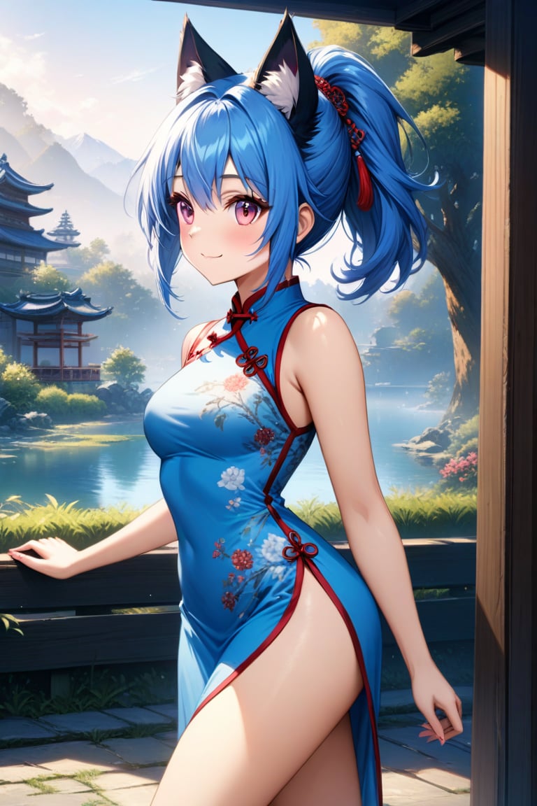 master piece, best quality, highly detailed, ultra detailed, more detail XL, extremely detailed CG unity 8k wallpaper, 
1 woman, 20 years old, cute, cat ears, pink eyes, blue hair, medium hair, ponytail, blue Chinese dresses, side slit dress, miniskirt, smile, morning, outdoor, walking, from side,