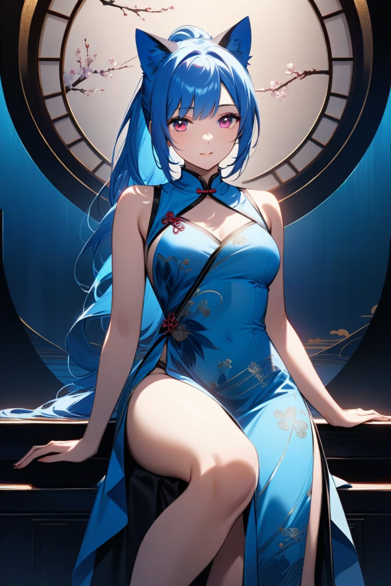 In a serene 8K composition, a 20-year-old woman with striking features sits elegantly, adorned with cat ears and radiant pink eyes. Her vibrant blue hair flows in a ponytail, complementing the mesmerizing blue hues of her Chinese-inspired dress featuring a side slit. The subject's gentle smile exudes warmth as she poses amidst a backdrop of subtle gradient, showcasing exquisite details and textures.