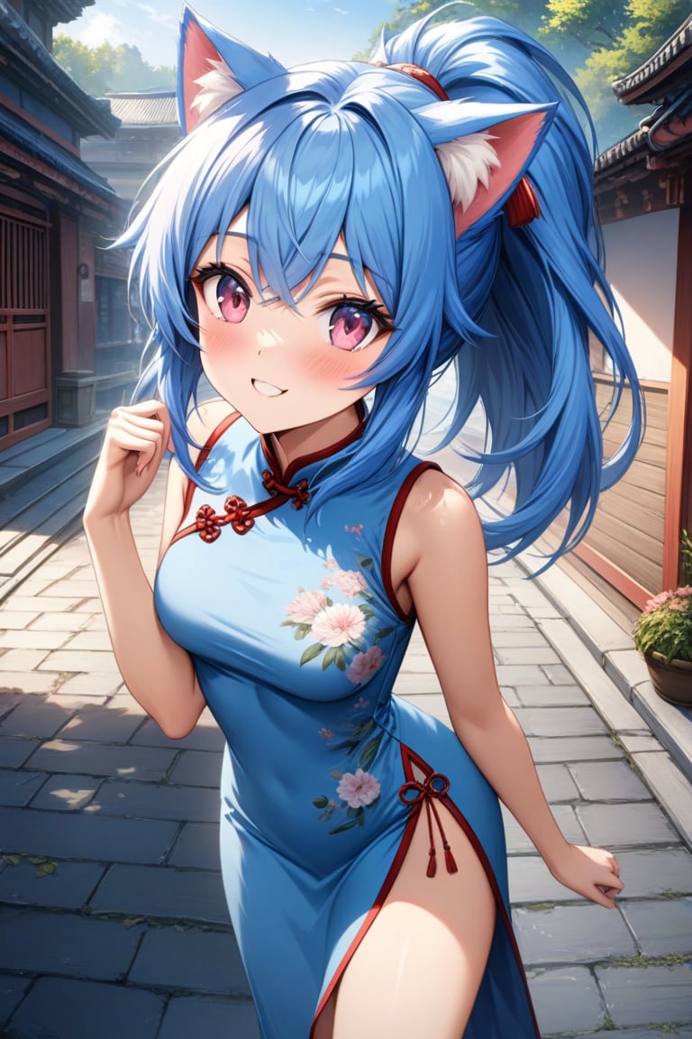 master piece, best quality, highly detailed, ultra detailed, more detail XL, extremely detailed CG unity 8k wallpaper, 
1 woman, 20 years old, cute, cat ears, pink eyes, blue hair, medium hair, ponytail, blue Chinese dresses, side slit dress, miniskirt, happy smile, morning, outdoor, walking on the street,