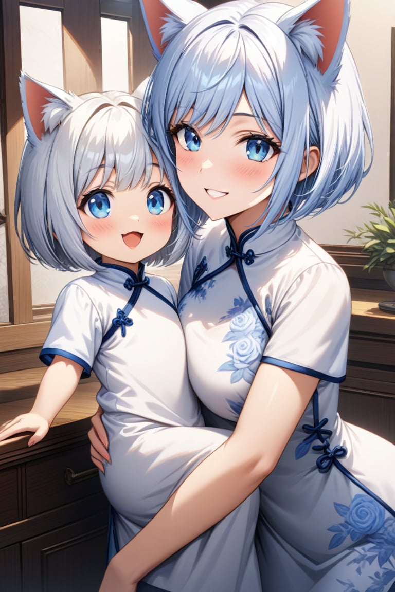 master piece, best quality, highly detailed, ultra detailed, more detail XL, extremely detailed CG unity 8k wallpaper,  cat ears, white hair, bob cut, blue eyes, 
white Chinese dresses, very happy smile, 
mother and daughter, 