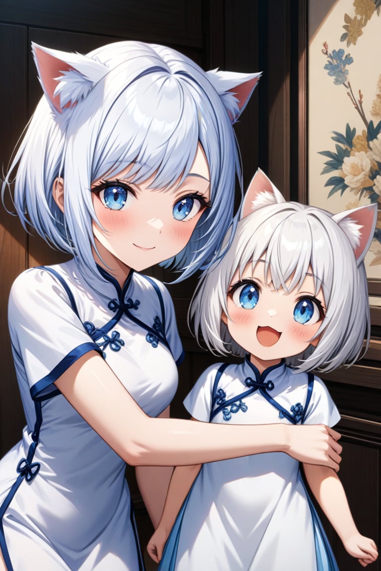 master piece, best quality, highly detailed, ultra detailed, more detail XL, extremely detailed CG unity 8k wallpaper,  cat ears, white hair, bob cut, blue eyes, 
white Chinese dresses, very happy smile, 
daughter_and_mother, 