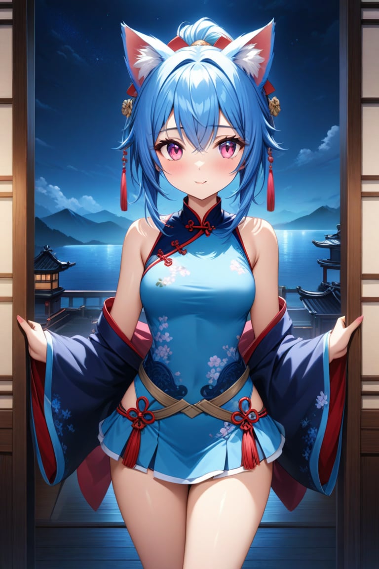 master piece, best quality, highly detailed, ultra detailed, more detail XL, extremely detailed CG unity 8k wallpaper, 
1 woman, 20 years old, cute, cat ears, pink eyes, blue hair, medium hair, ponytail, blue Chinese traditional clothes, microskirt, night time, 