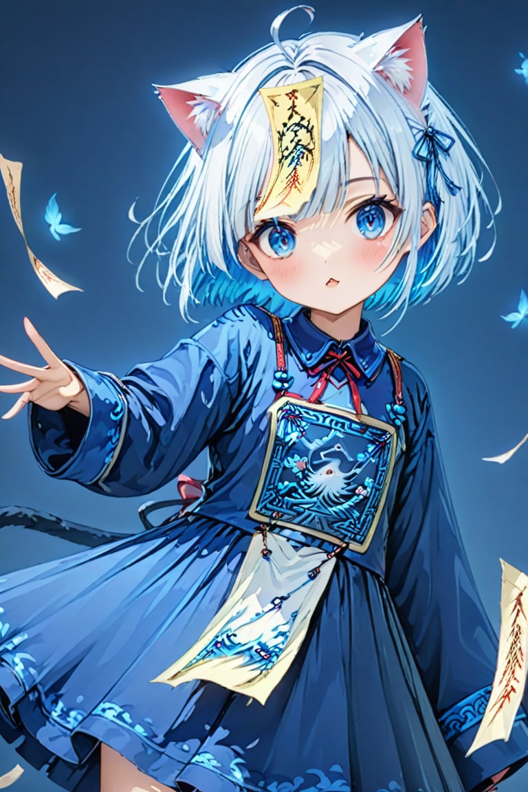 master piece, best quality, highly detailed, ultra detailed, more detail XL, extremely detailed CG unity 8k wallpaper, 1 girl, cute, kawaii, 9 years old, cat ears, white hair, bob cut, blue eyes, looking at viewer,nanjiang,nvjiang,huangfu paper,jyojifuku,ofuda,blue dress,ribbon,score_9,score_8_up,score_7_up,source_anime