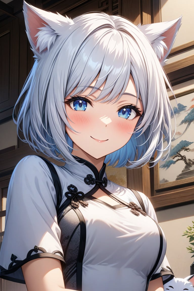 master piece, best quality, highly detailed, ultra detailed, more detail XL, extremely detailed CG unity 8k wallpaper,  cat ears, white hair, bob cut, blue eyes, 
white Chinese dresses, very happy smile, 
mother and daughter, 