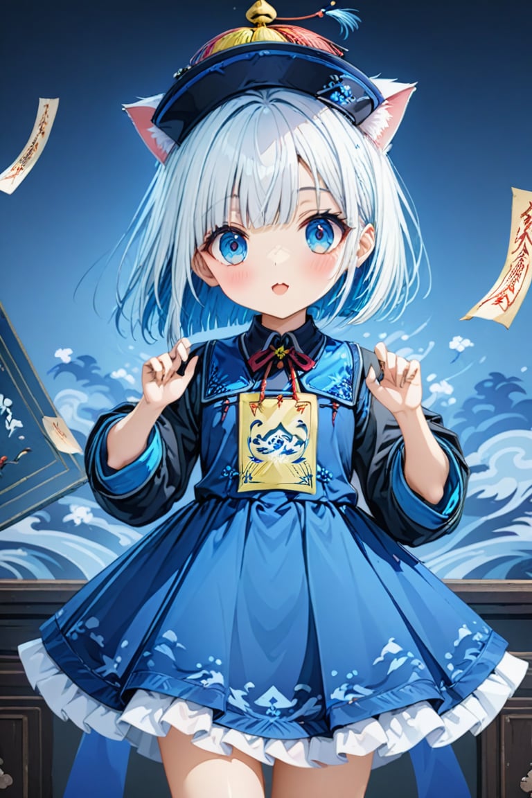 master piece, best quality, highly detailed, ultra detailed, more detail XL, extremely detailed CG unity 8k wallpaper, 1 girl, cute, kawaii, 9 years old, cat ears, white hair, bob cut, blue eyes, looking at viewer,nanjiang,nvjiang,huangfu paper,jyojifuku,ofuda,blue dress,ribbon,hat,score_9,score_8_up,score_7_up,source_anime