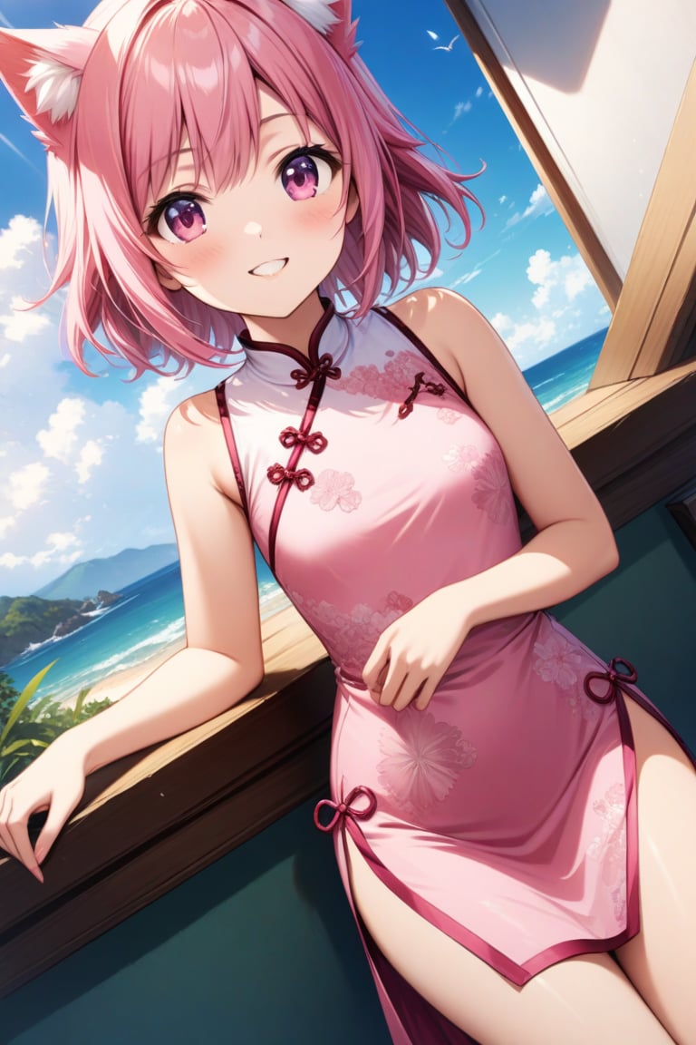 master piece, best quality, highly detailed, ultra detailed, extremely CG unity 8k wallpaper,
1 girl,14 years old, jewelry pink, cat ears, pink eyes, pink hair, short hair,
pink Chinese dresses, side slit dress,,smile,
summer, morning, 