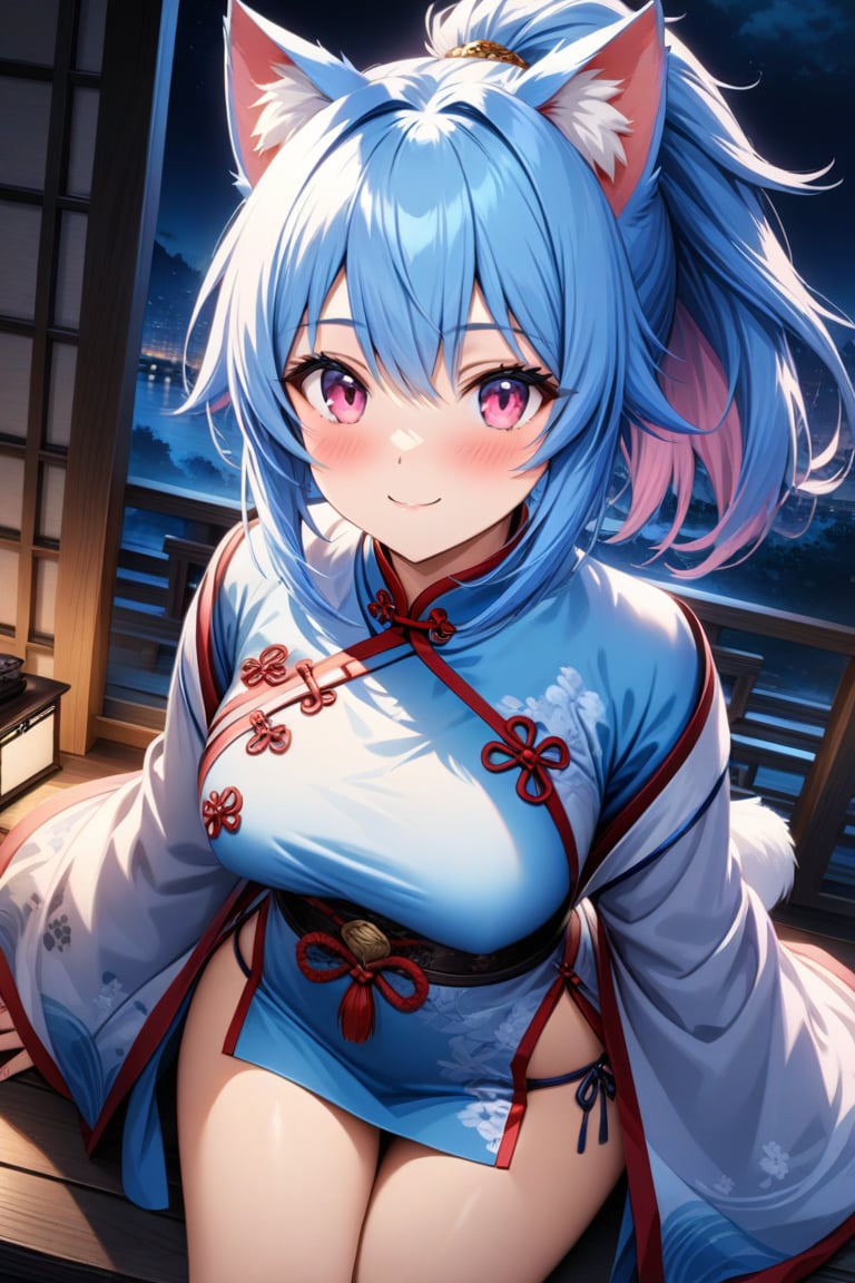 master piece, best quality, highly detailed, ultra detailed, more detail XL, extremely detailed CG unity 8k wallpaper, 
1 woman, 20 years old, cute, cat ears, pink eyes, blue hair, medium hair, ponytail, blue Chinese traditional clothes, microskirt, night time, smile, 