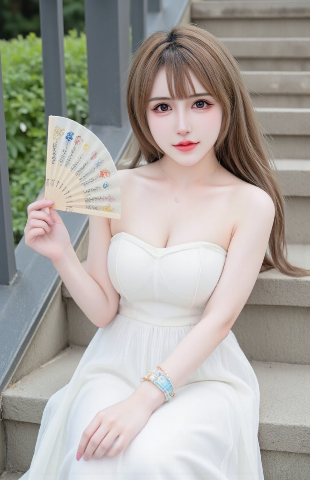 1girl, solo, brown hair, dress, holding, jewelry, sitting, outdoors, hair bun, white dress, bracelet, looking to the side, pretty clothes, single hair bun, sexy dress, hand fan, holding fan, photo background