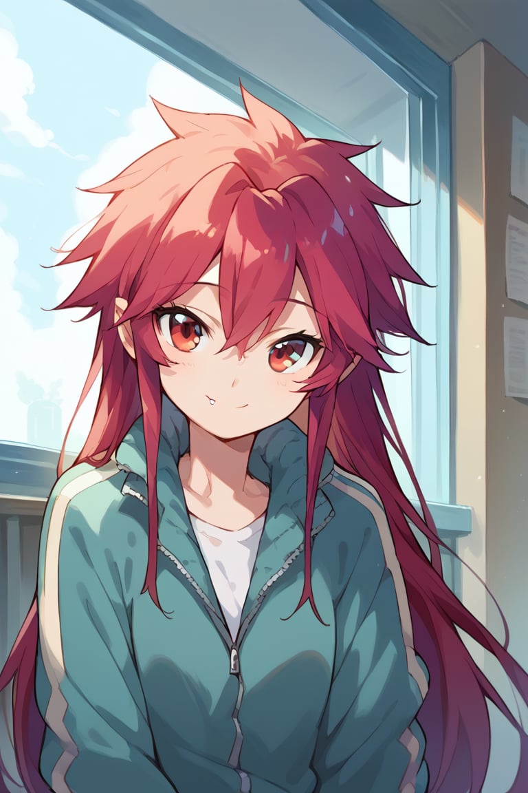 score_9, score_8_up, score_7_up, source_anime, , 1girl, solo, mari setagaya, human-form, 1girl, solo, long hair, looking at viewer, smile, shirt, red eyes, red hair, fang,track jacket, indoors, 