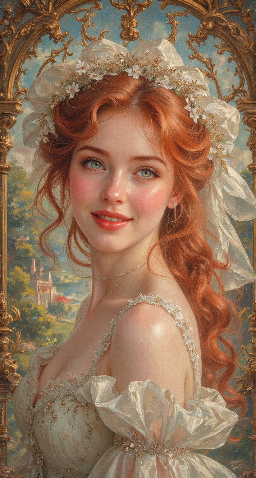  ultra-detailed colored illustration A beautiful woman with flowing red hair and emerald green eyes. The woman is relaxed and smiling, her red hair cascading down her shoulders in loose waves. Her emerald green eyes sparkle with contentment. She is dressed in a wedding dress that contrasts with the vibrant colors of the scene around her. the precision of John Singer Sargent background A: A swirling dreamscape with melting clocks and distorted landscapes, an extremely detailed, masterpiece, stunning illustration, open eyes, A unique blend of art styles, and digital pain
