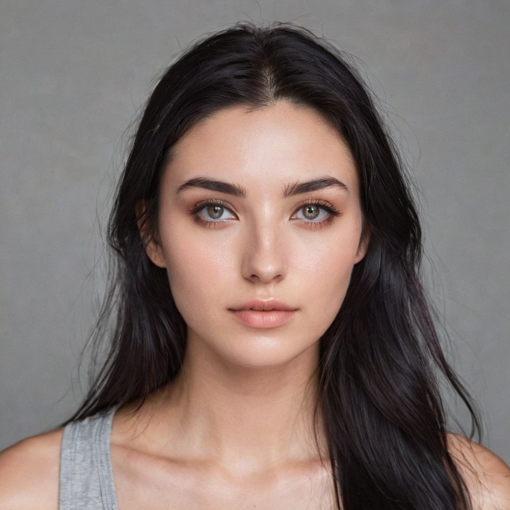 A fresh portrait of a 22-year-old woman with long, sleek black hair, minimal makeup, and a naturally dewy complexion. She has a light application of tinted moisturizer and subtle lip balm. She has striking gray eyes, a small, refined nose, and a vibrant, energetic expression. The background is clean and bright, emphasizing her sporty and fresh appearance