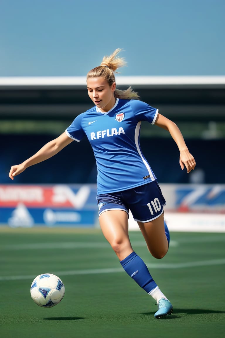 a pretty female soccer player making the winning goal, logo of sponsors on her top, on a soccer field, ultrarealistic details,  ((full body shot)),zdyna_pose,Sports ,woman_nr1