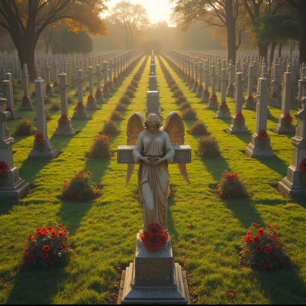 Photorealistic in 4K HDR. Seen_from_above. November afternoon light in Northern France. A cemetary of perfetly manicured g...