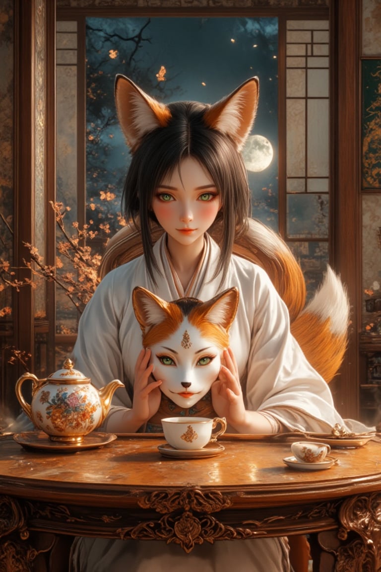 Illustration. Detailed. 8k. The art style of Sorayama Hajime. Dark fantasy. Background is a sparesely but elegantly furnished tea house as the season is turning to autumn. There is a softly glowing harvest moon peek through the house's window. In for the foreground is a large delicately carved sandalwood table. On the table are several things; first is an antique china teapot with matching cup, from the cup issues steam of the hot tea. The other object sitting on the table is the lifelike mask of a beautiful Japanese maiden with silky black hair cute in a cute bob with bangs over the eyes. BREAK. A fox-girl with orange fur, brilliant large green eyes of intelligence, and five white-tipped tails is dressed in a simple but elegant white kimono. She is so alluring and beautiful, she wears no jewelry. There is an egnimatic and mysterious smile on her face. She is sitting at the table studying the mask.