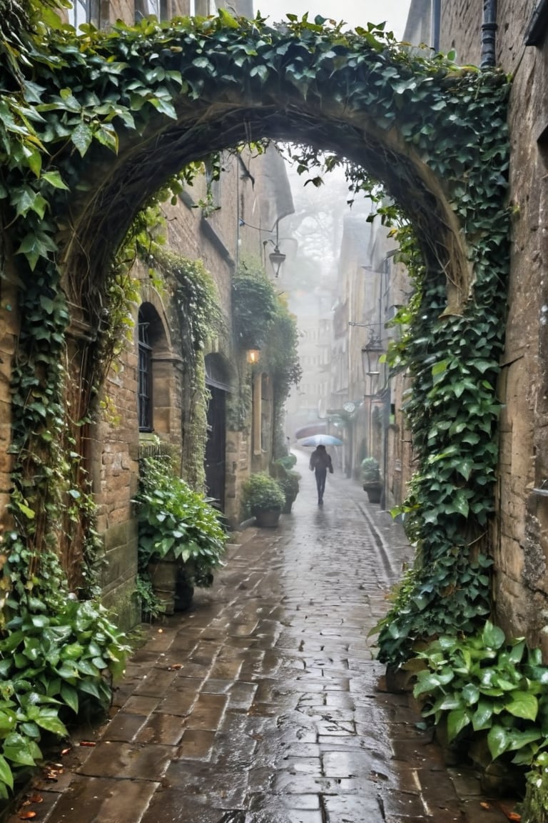 A majestic scene unfolds: within the frame, an ancient ivy-covered archway dominates the cobbled street's worn stones, raindrops glistening on its leaves like tiny diamonds. The late afternoon sun casts a diffuse glow, softly illuminating the Edwardian-era pedestrians, each clutching a sturdy umbrella as they hasten through the downpour.